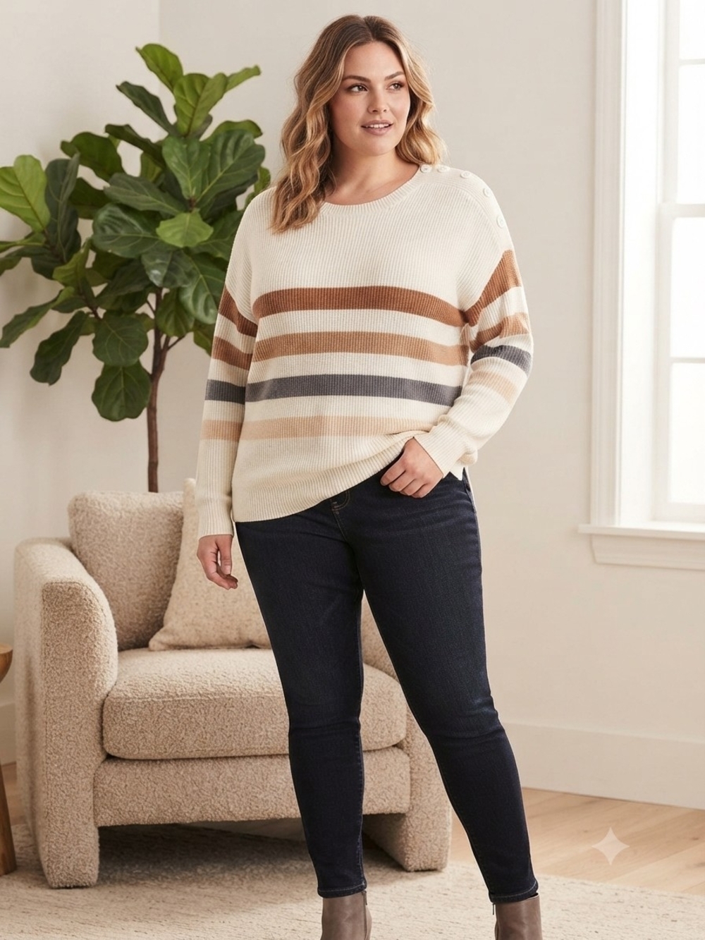 Lane Bryant Striped Ribbed Sweater with Shoulder Button Detail